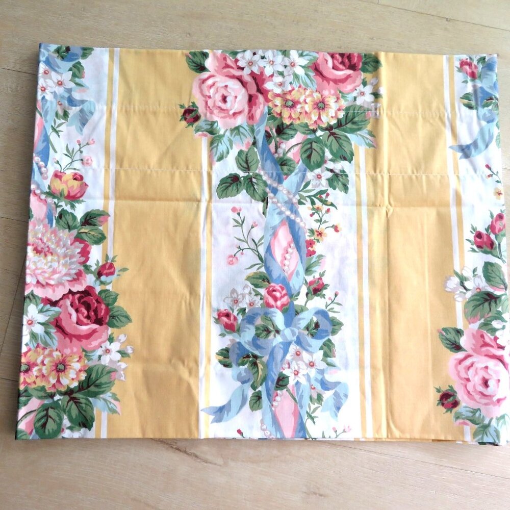 Vintage Croscill Princess Blouson Valance Yellow Floral Stripe 18" x 88" Cottage